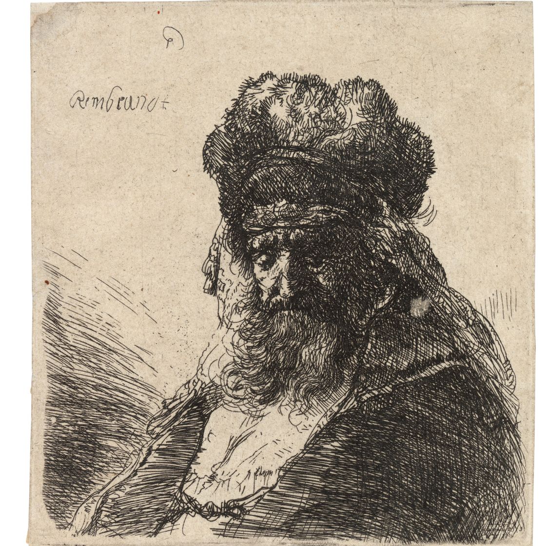 Rembrandt van Rijn — Бородатый старик в высокой меховой шапке, с закрытыми глазами