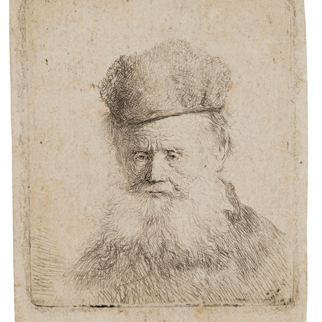 Rembrandt van Rijn — Бюст старика в меховой шапке и с развевающейся бородой, почти в полный рост