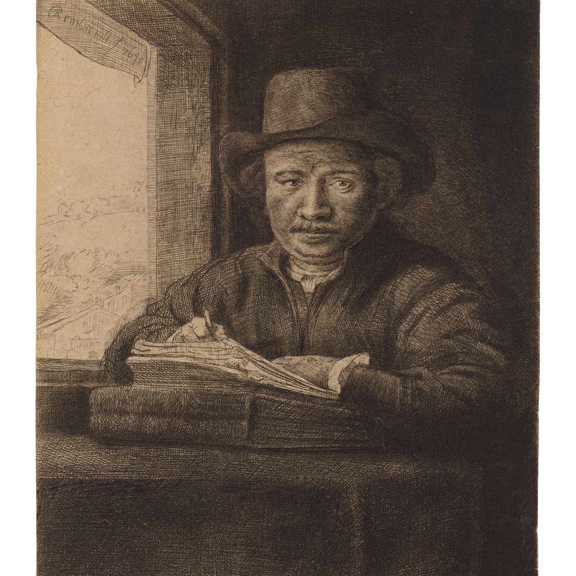Rembrandt van Rijn — Гравюра с автопортретом у окна
