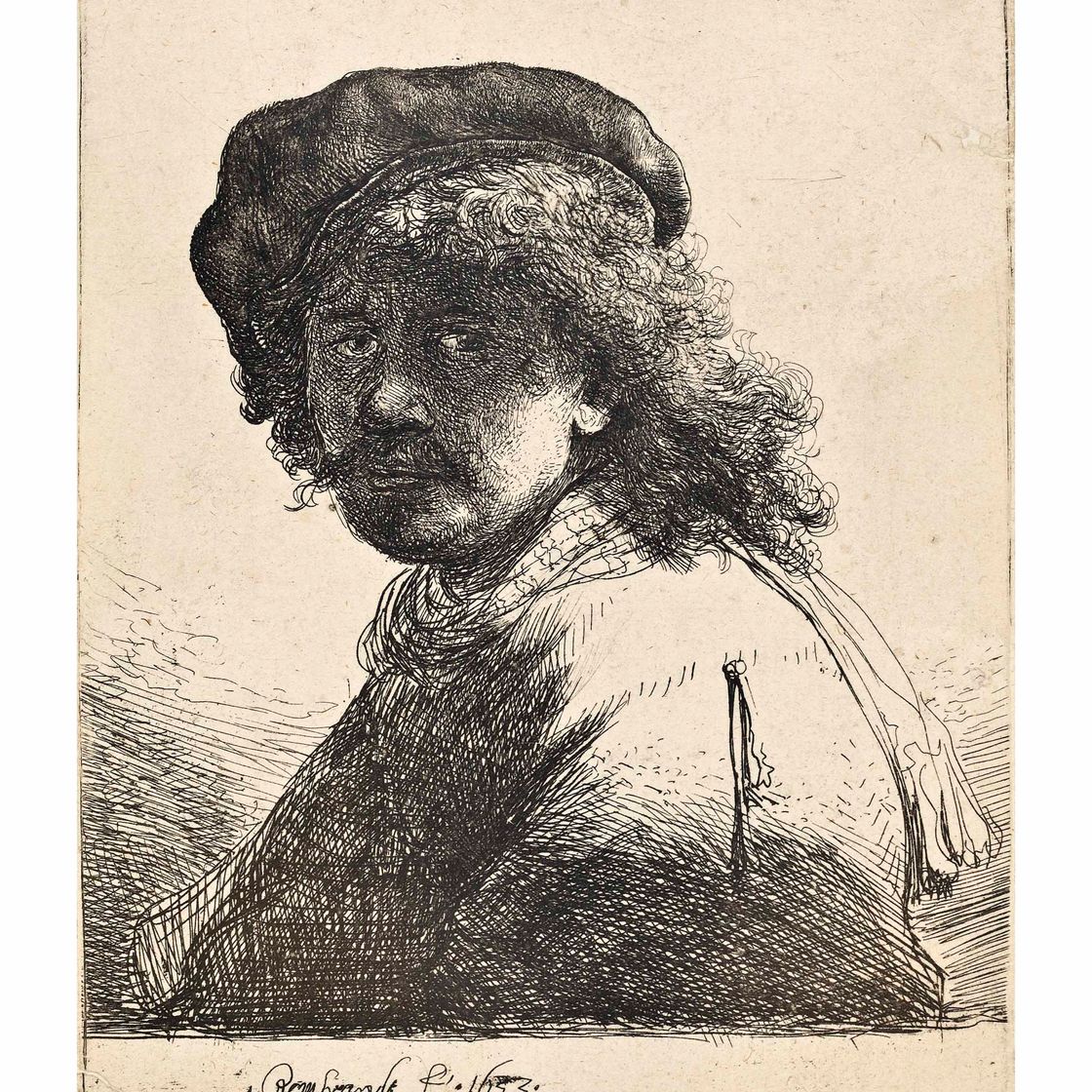 Rembrandt van Rijn — Автопортрет в кепке и шарфе с темным лицом: Бюст