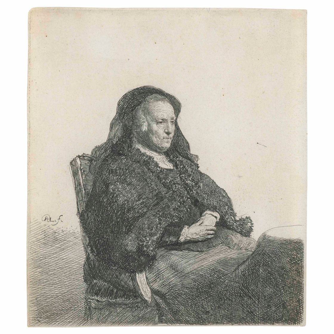 Rembrandt van Rijn — Мать художника, сидящая за столом, смотрит направо: три четверти длины