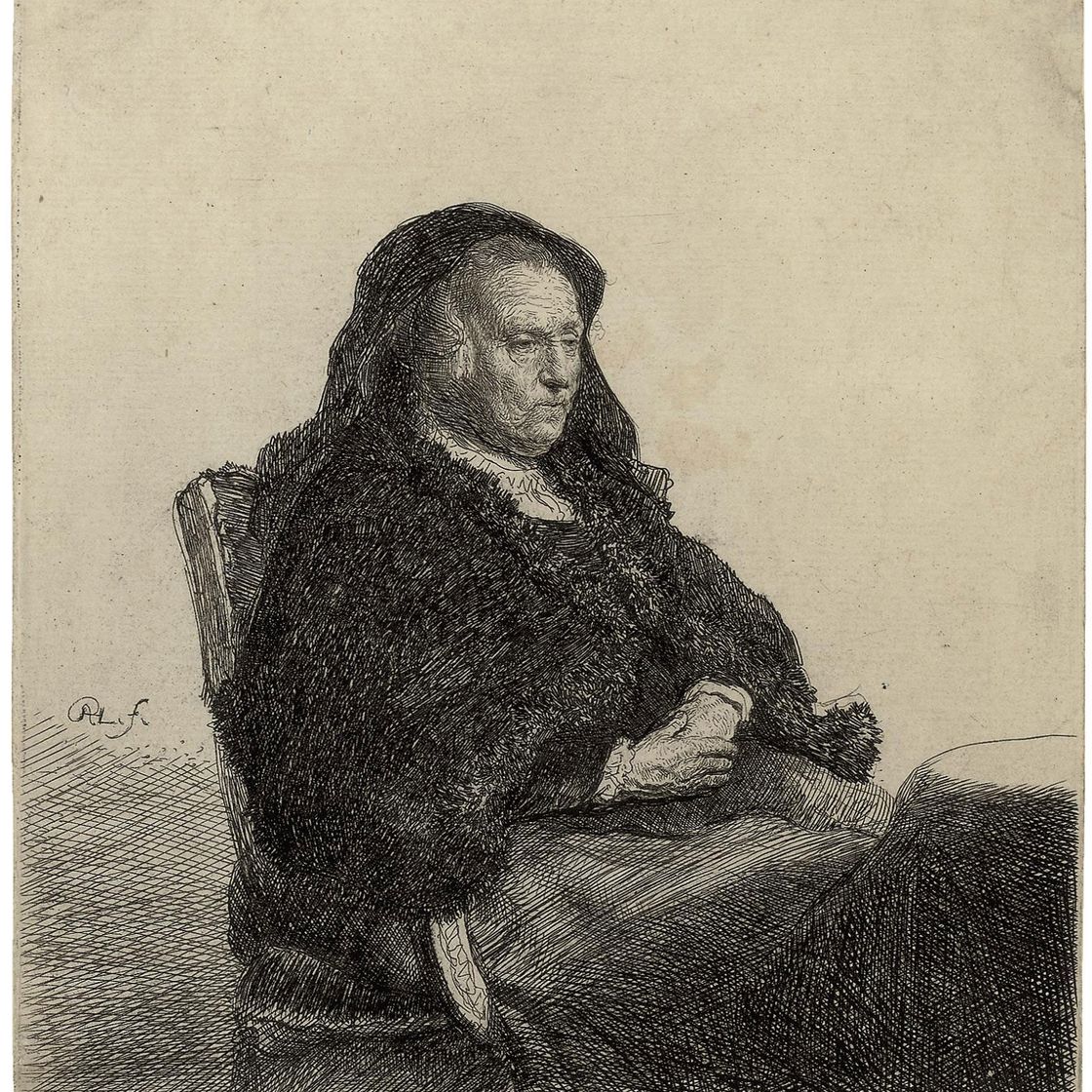 Rembrandt van Rijn — Мать художника сидит за столом, глядя направо (Б., Зал. 343; Н. 52)
