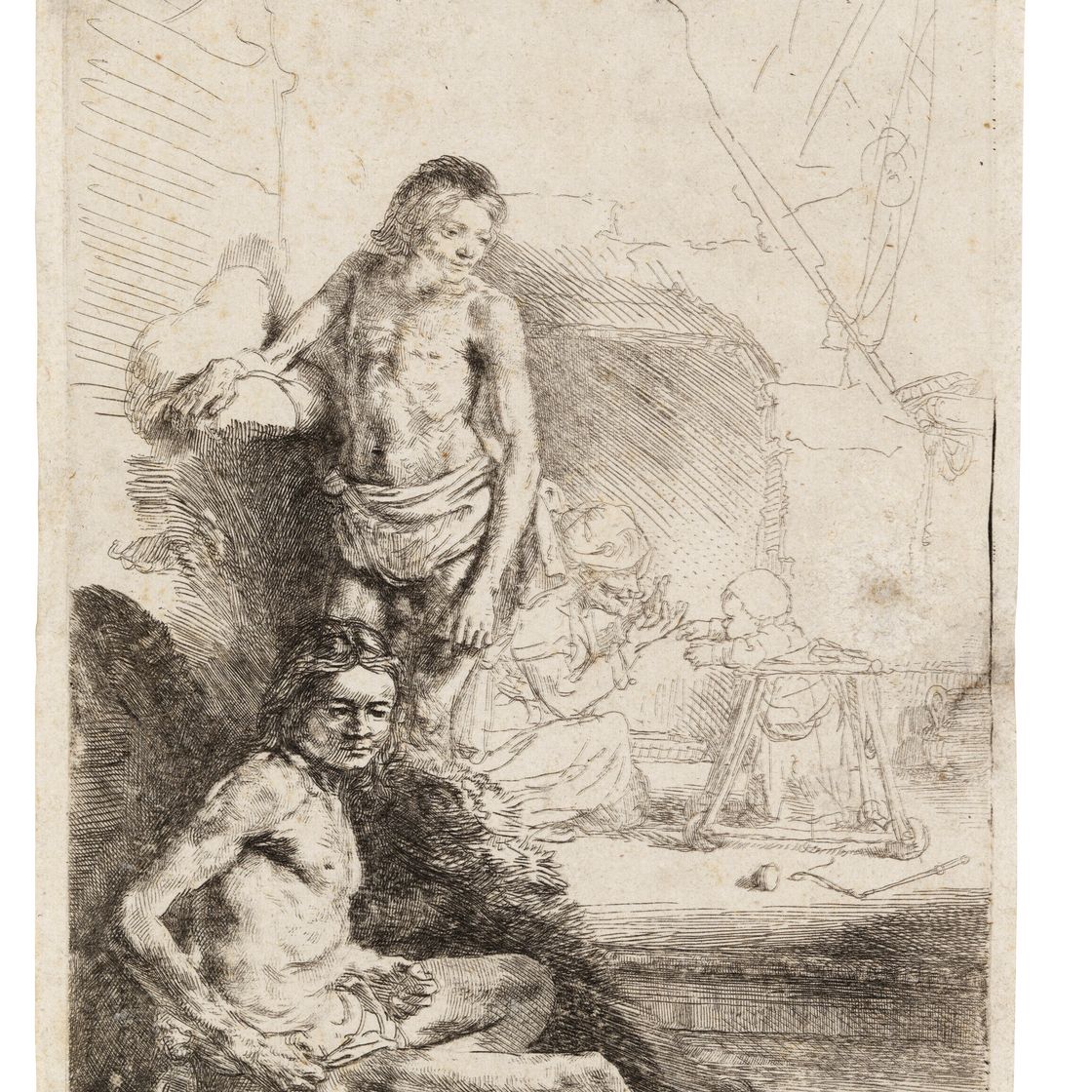 Rembrandt van Rijn — Обнаженный мужчина, сидящий и стоящий ("Het Rolwagentje")