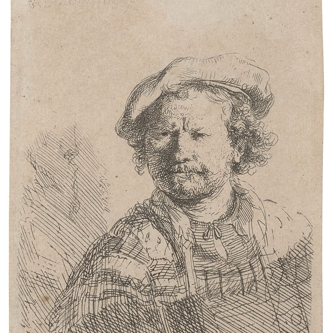 Rembrandt van Rijn — Автопортрет в плоской шапочке и вышитом платье