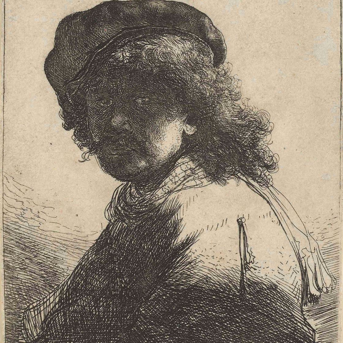 Rembrandt van Rijn — Автопортрет в шапке и шарфе с темным лицом: Бюст