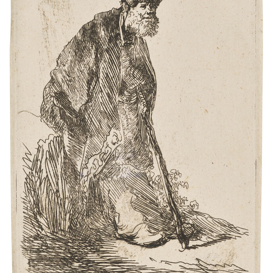 Rembrandt van Rijn — Мужчина в пальто и меховой шапке, прислонившийся к берегу