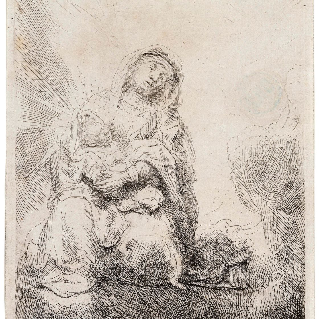 Rembrandt van Rijn — Дева Мария с младенцем в облаках