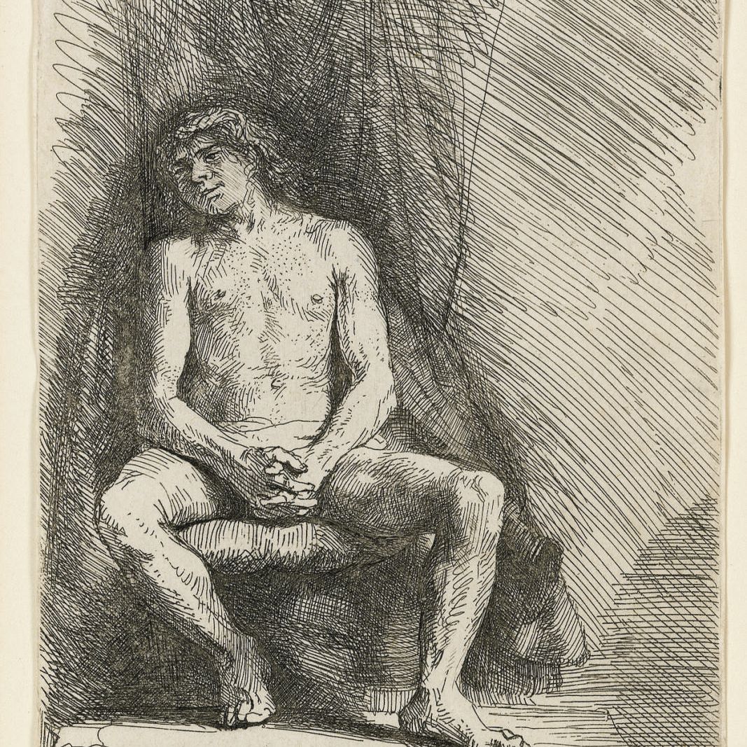 Rembrandt van Rijn — Обнаженный мужчина, сидящий перед занавесом (В., Зал. 193; Н. 220)