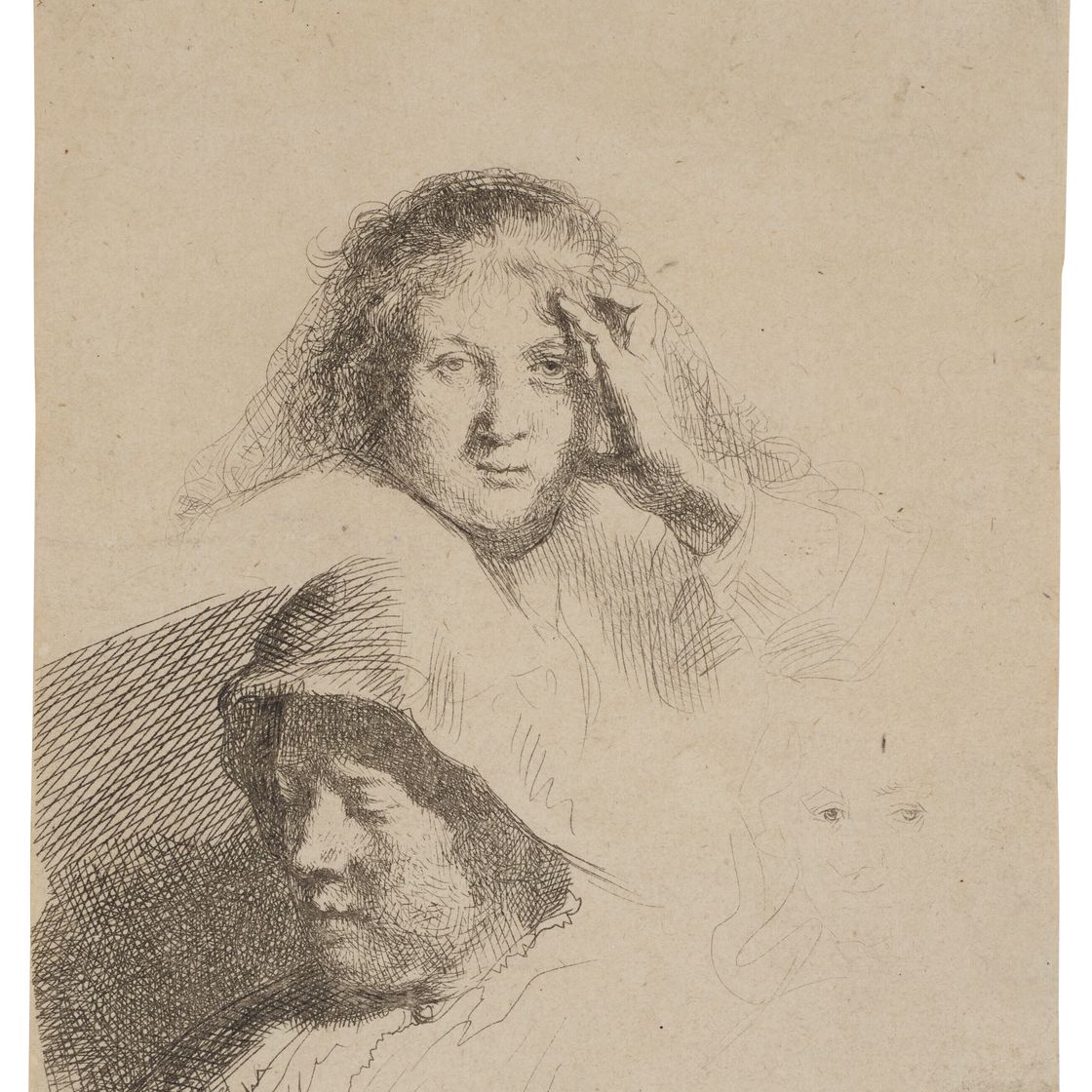Rembrandt van Rijn — Три женские головки, одна слегка выгравирована