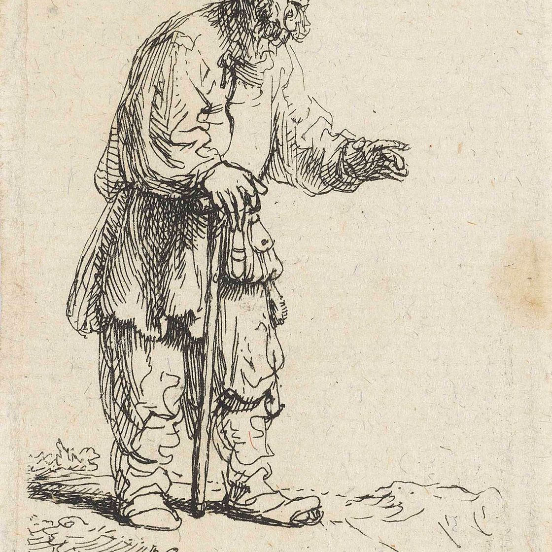 Rembrandt van Rijn — Крестьянин в высокой шапке, стоящий, опираясь на палку