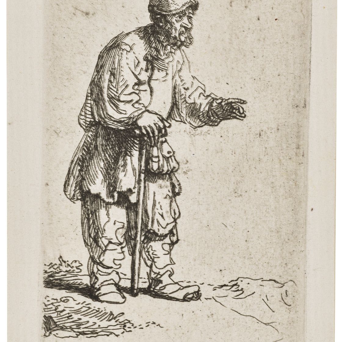 Rembrandt van Rijn — Крестьянин в высокой шапке, стоящий, опираясь на палку