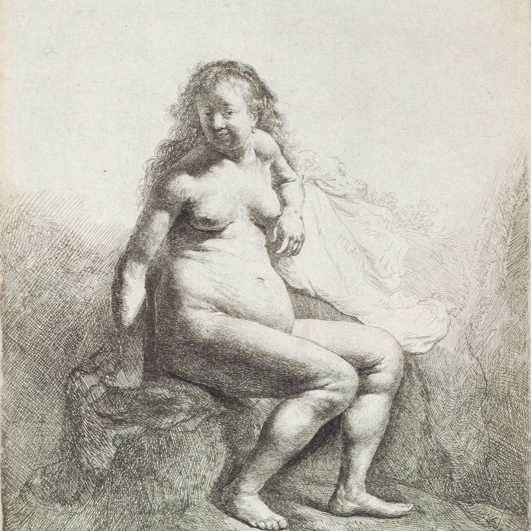 Rembrandt van Rijn — Обнаженная женщина, сидящая на холме (Б., Зал. 198; Н. 43)