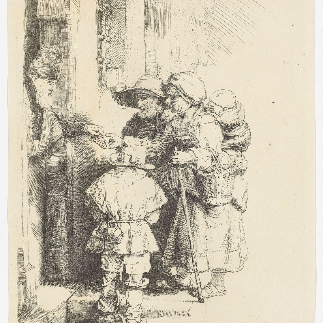 Rembrandt van Rijn — Нищие, получающие милостыню у двери, изображение 1