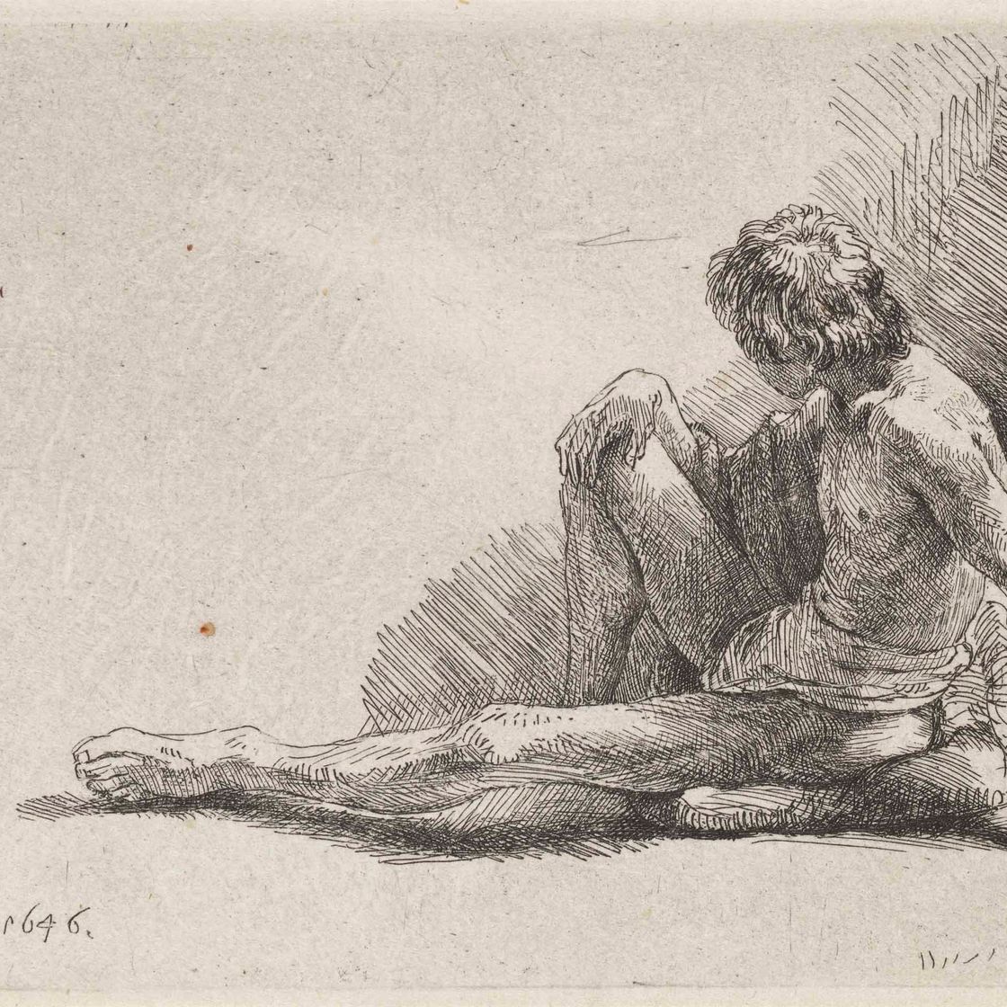 Rembrandt van Rijn — Обнаженный мужчина сидел на земле, вытянув одну ногу