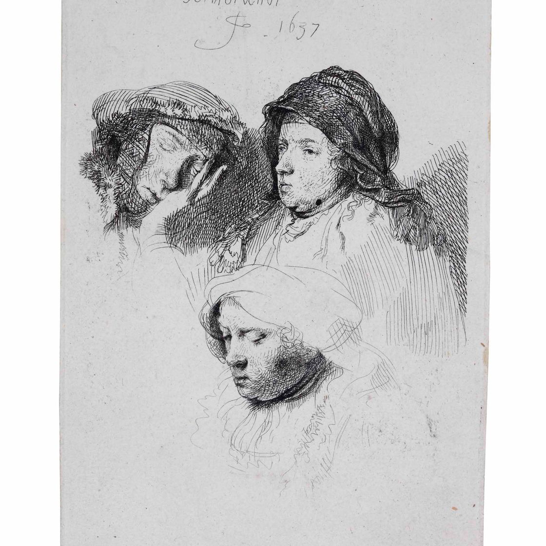 Rembrandt van Rijn — Три женские головы: одна спит