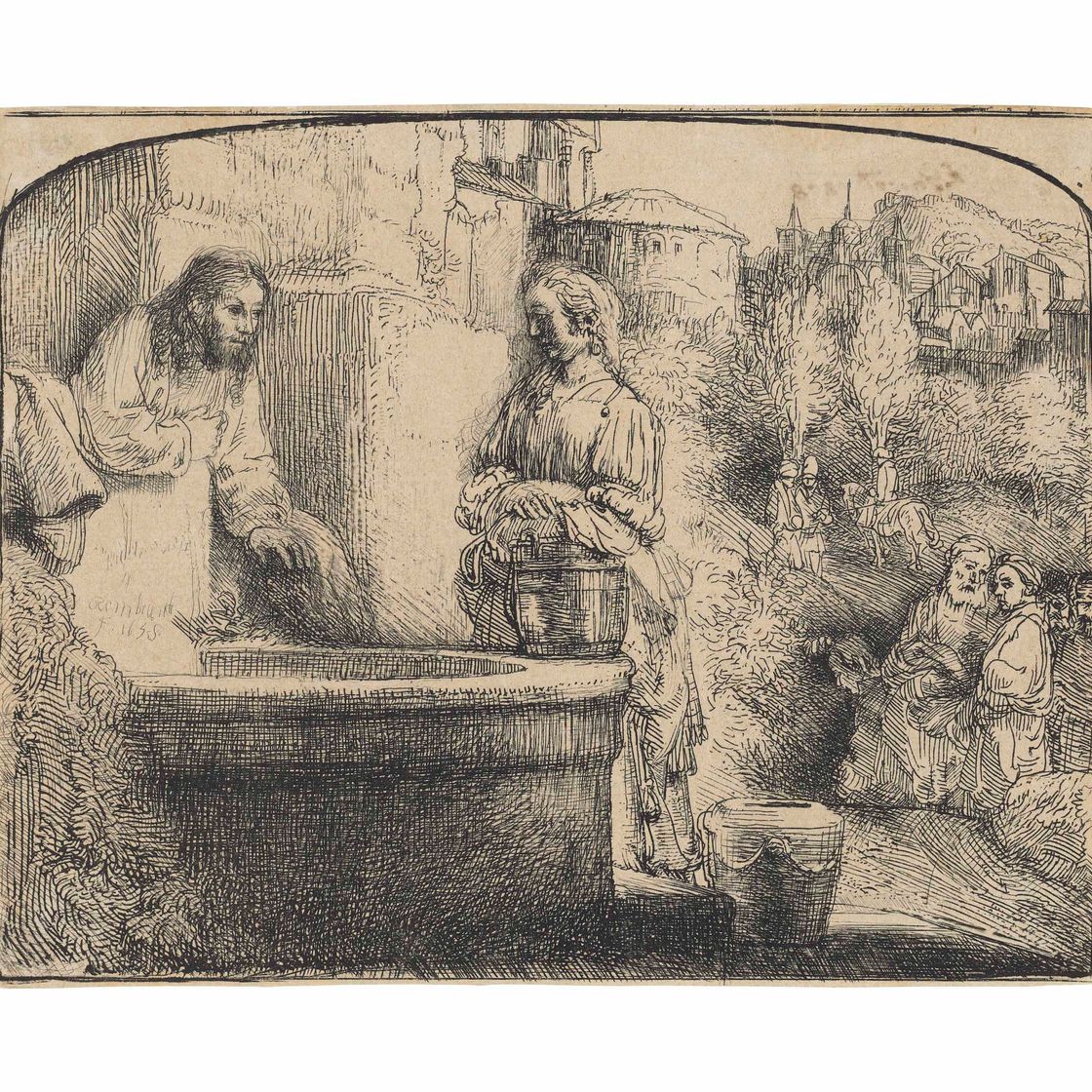 Rembrandt van Rijn — Христос и женщина из Самарии: гравюра в виде арки