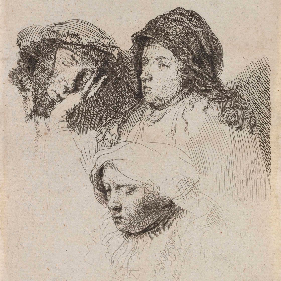 Rembrandt van Rijn — Три женские головы, одна спящая