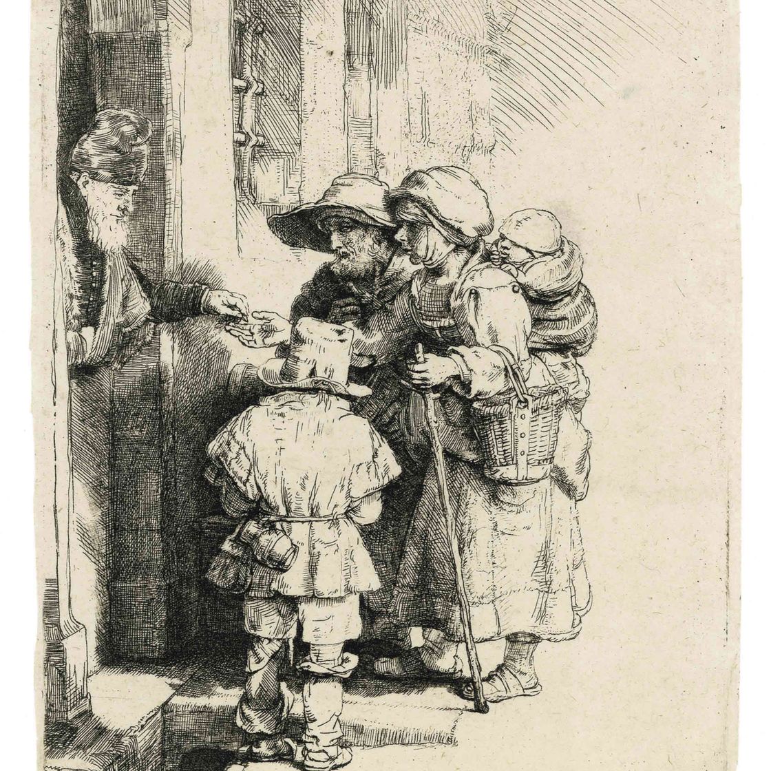 Rembrandt van Rijn — Нищие, получающие милостыню у дверей (В., Зал. 176; Н. 233)