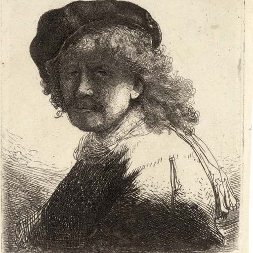 Rembrandt van Rijn — Рембрандт в шапочке и шарфе, с темным лицом, бюст (В., Зал. 17; H. 108)