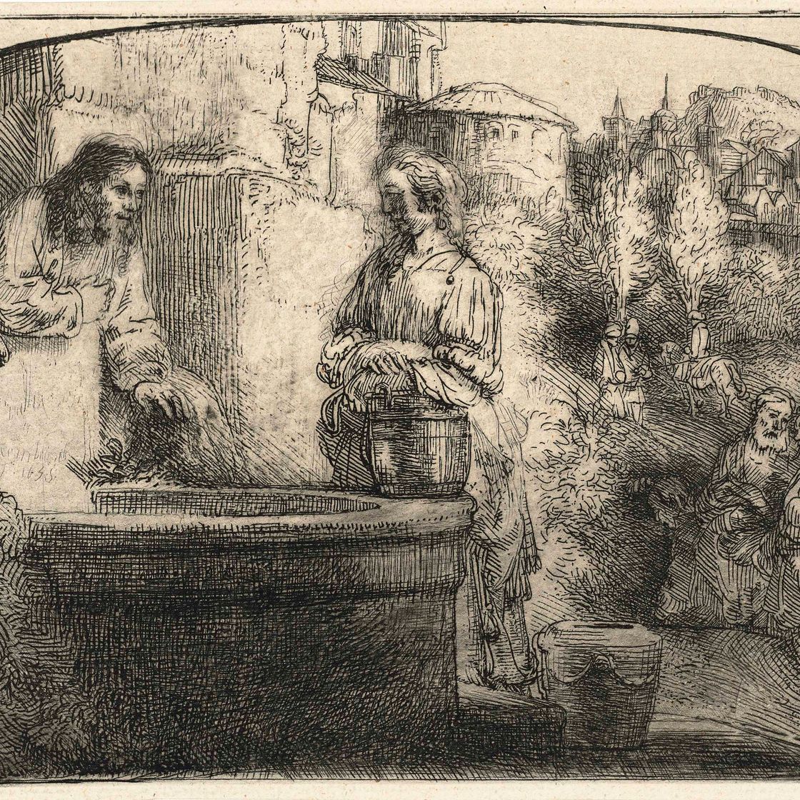 Rembrandt van Rijn — Христос и женщина из Самарии: гравюра в виде арки