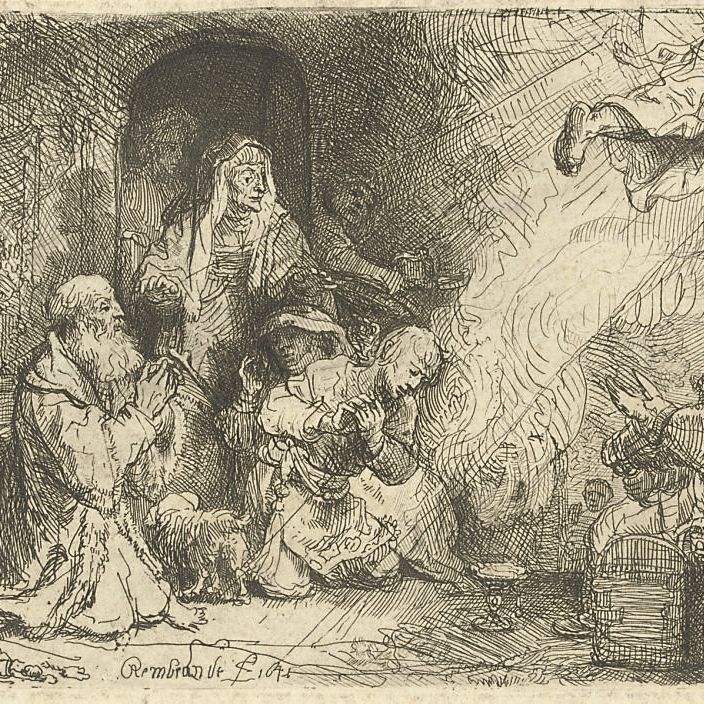 Rembrandt van Rijn — Ангел, покидающий семью Товии (Б., Зал. 43; Н. 145)