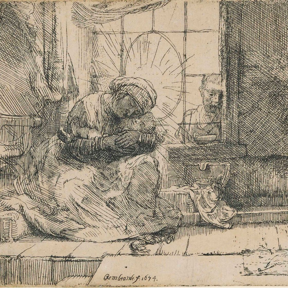 Rembrandt van Rijn — Дева и младенец с кошкой и змеей