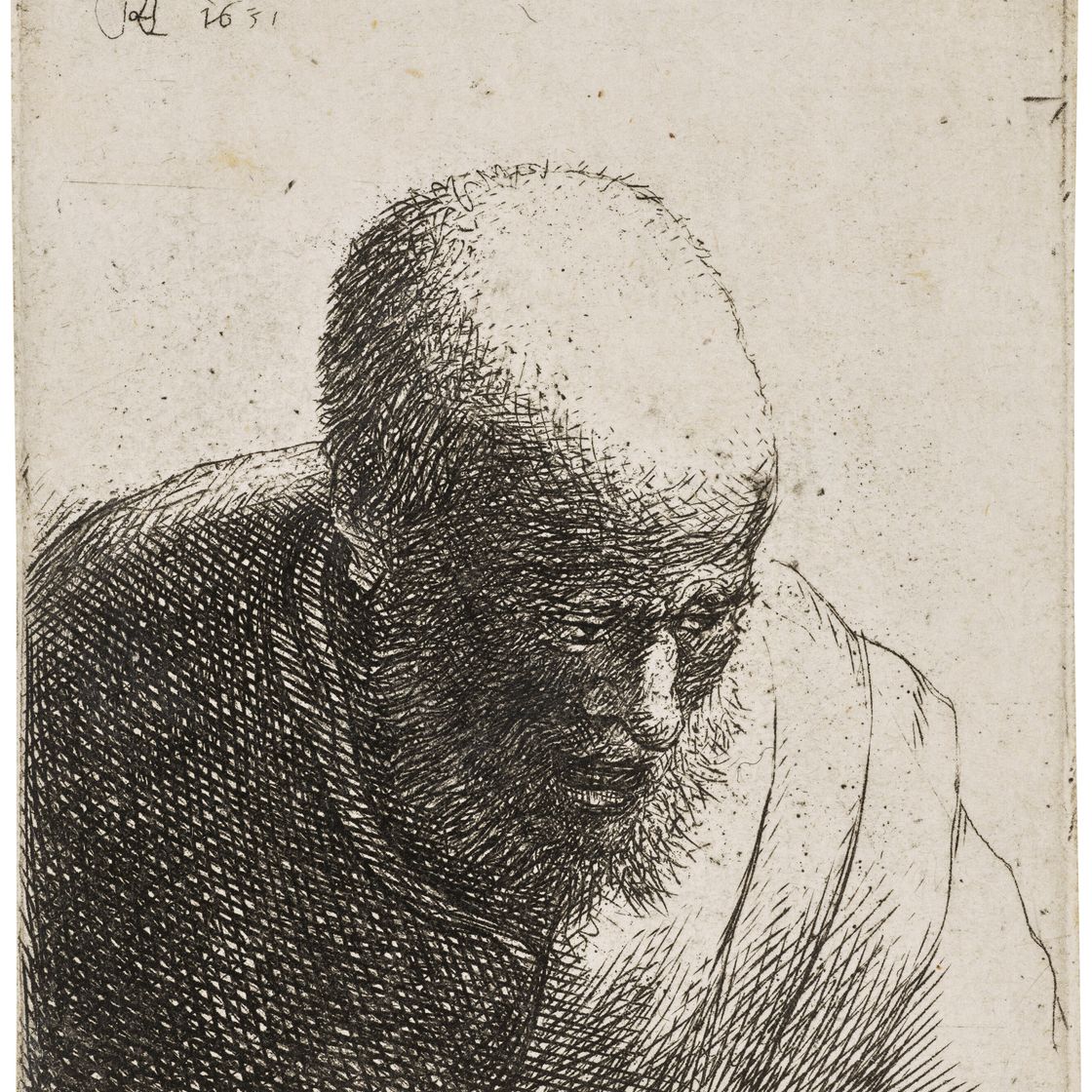 Rembrandt van Rijn — Лысый мужчина с открытым ртом смотрит вниз: Бюст