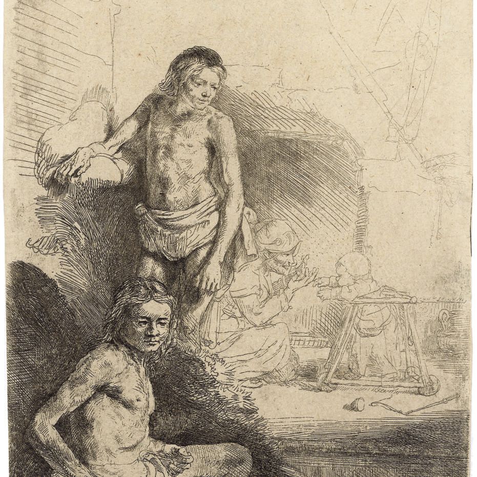 Rembrandt van Rijn — Обнаженный мужчина сидит, другой стоит, на заднем плане слегка выгравированы женщина и ребенок (В., Зал. 194; Н. 222)