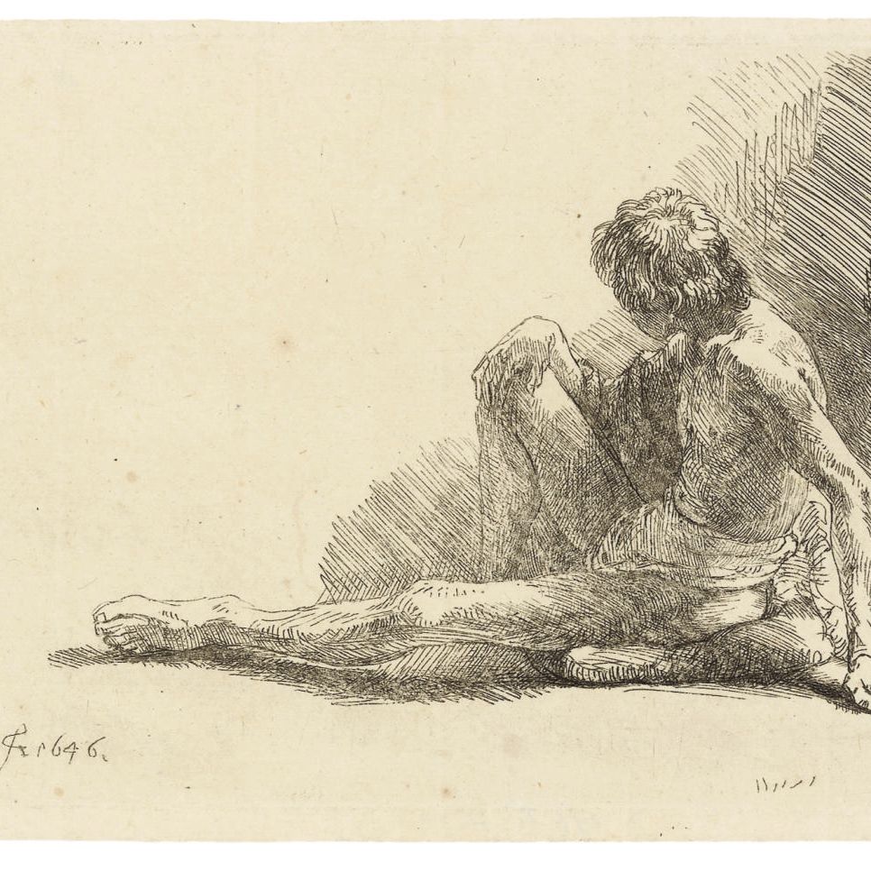 Rembrandt van Rijn — Обнаженный мужчина, сидящий на земле с вытянутой ногой (В., Зал. 196; Н. 221)