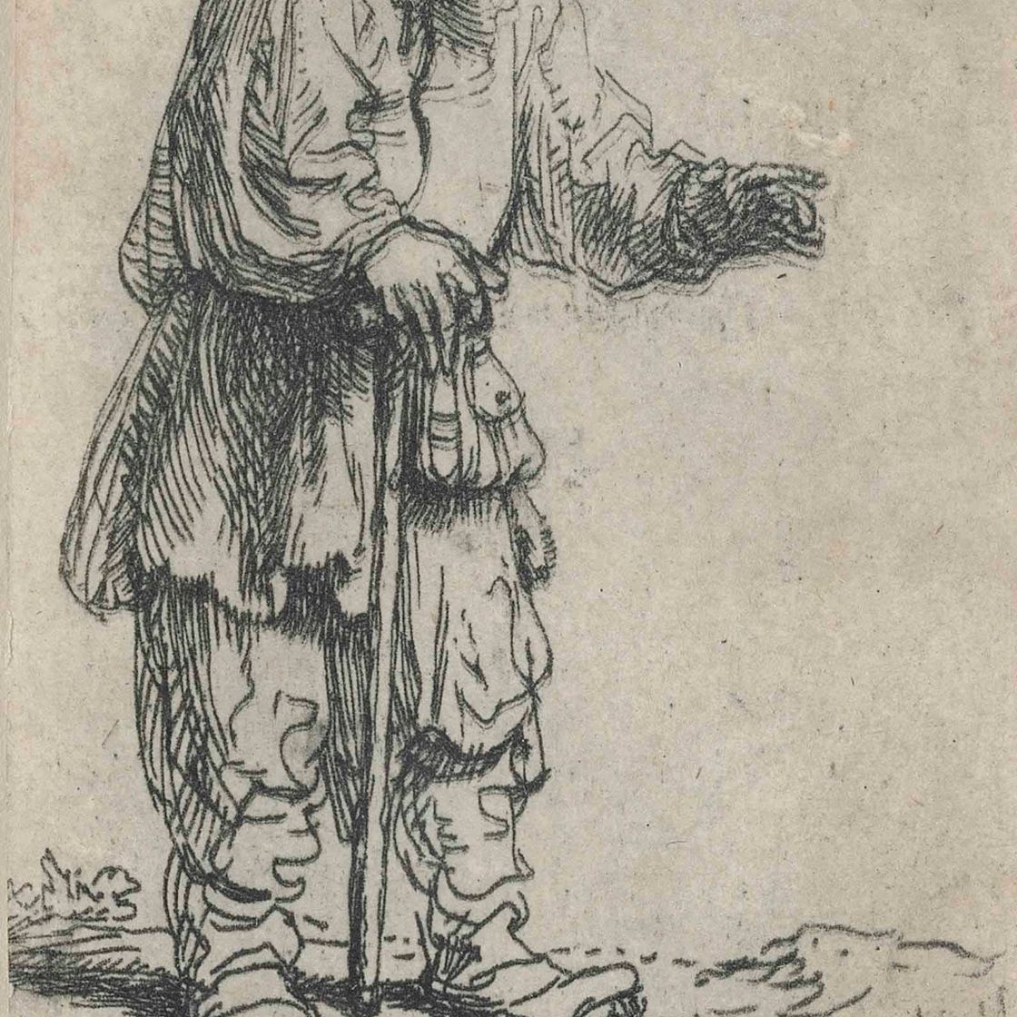 Rembrandt van Rijn — Крестьянин в высокой шапке, стоящий, опираясь на палку