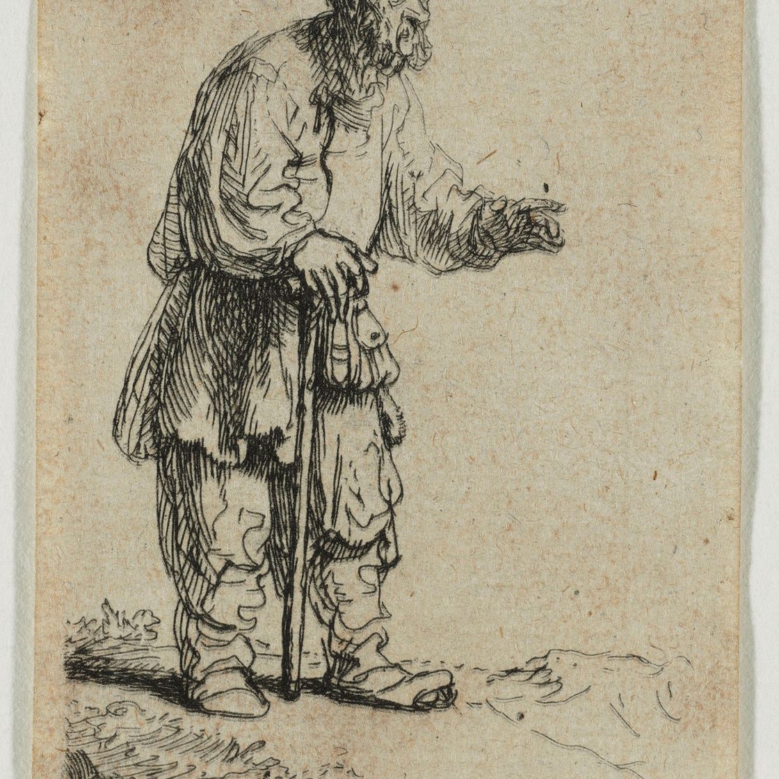 Rembrandt van Rijn — Крестьянин в высокой шапке, стоящий, опираясь на палку, изображение 2