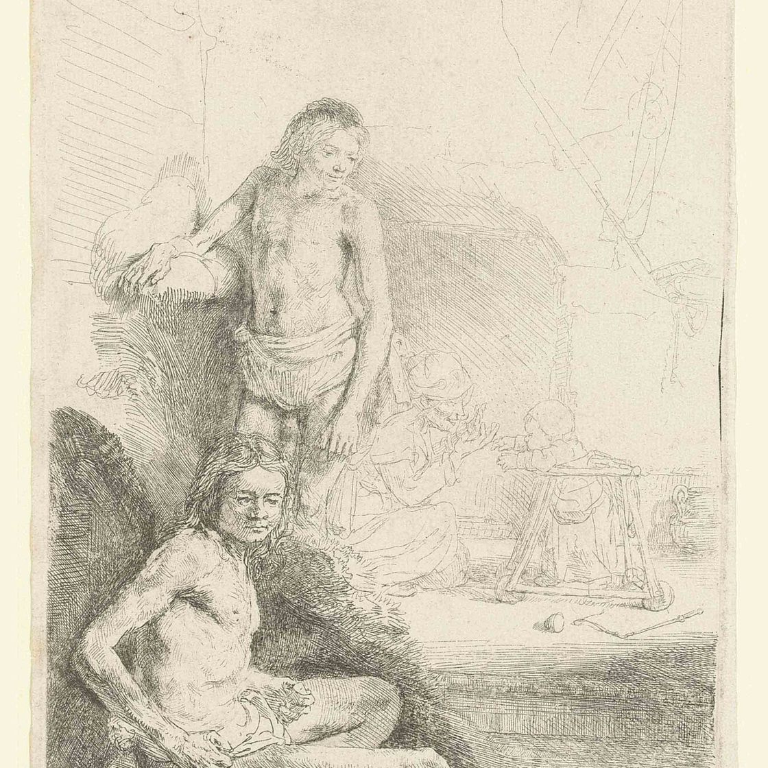 Rembrandt van Rijn — Обнаженный мужчина стоит, другой сидит, на заднем плане слегка выделяются женщина и ребенок (В., Зал. 194; Н. 222)