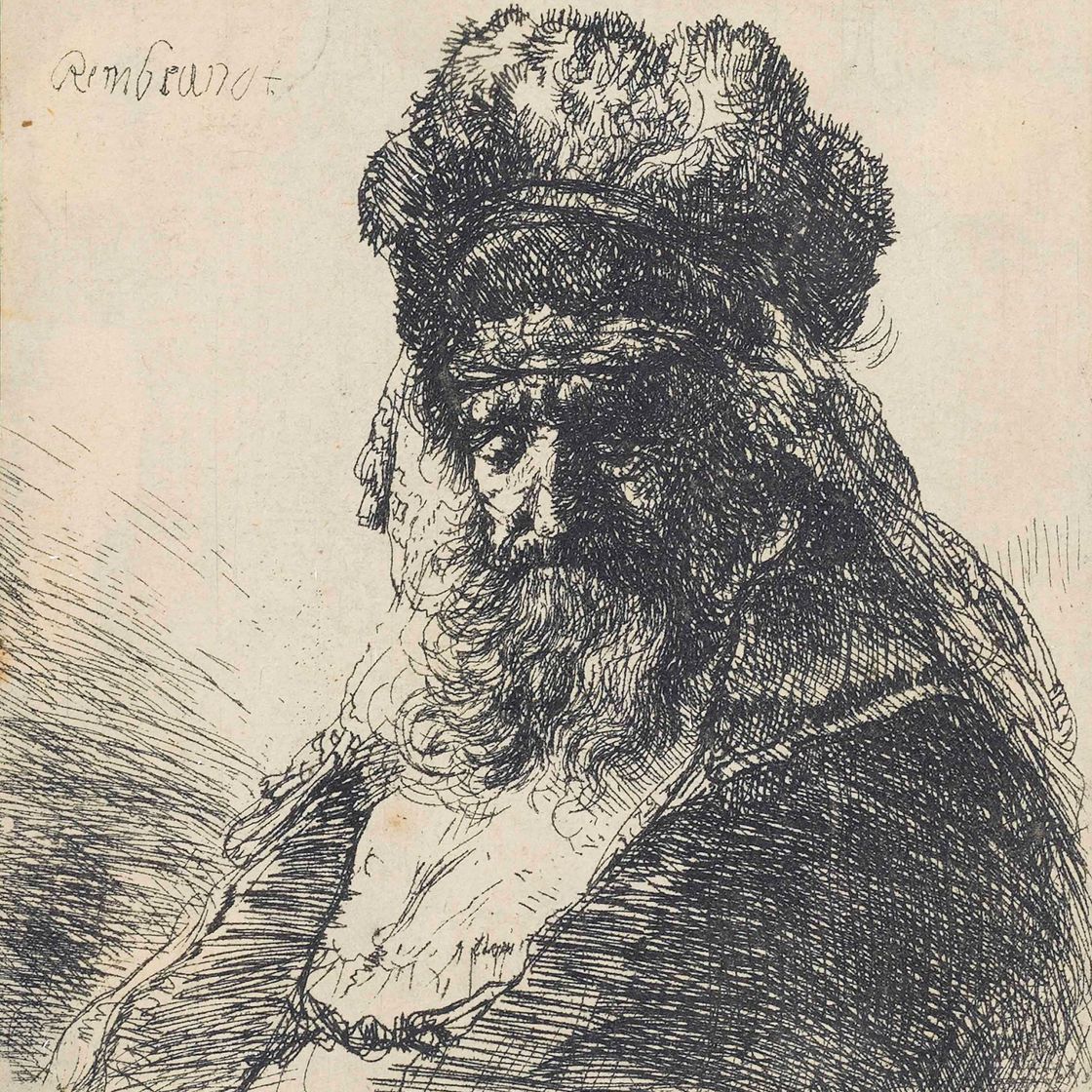 Rembrandt van Rijn — Бородатый старик в высокой меховой шапке, с закрытыми глазами (Бартш, Холстейн, 290; Хинд, 130; Нью-Холстейн, 148)