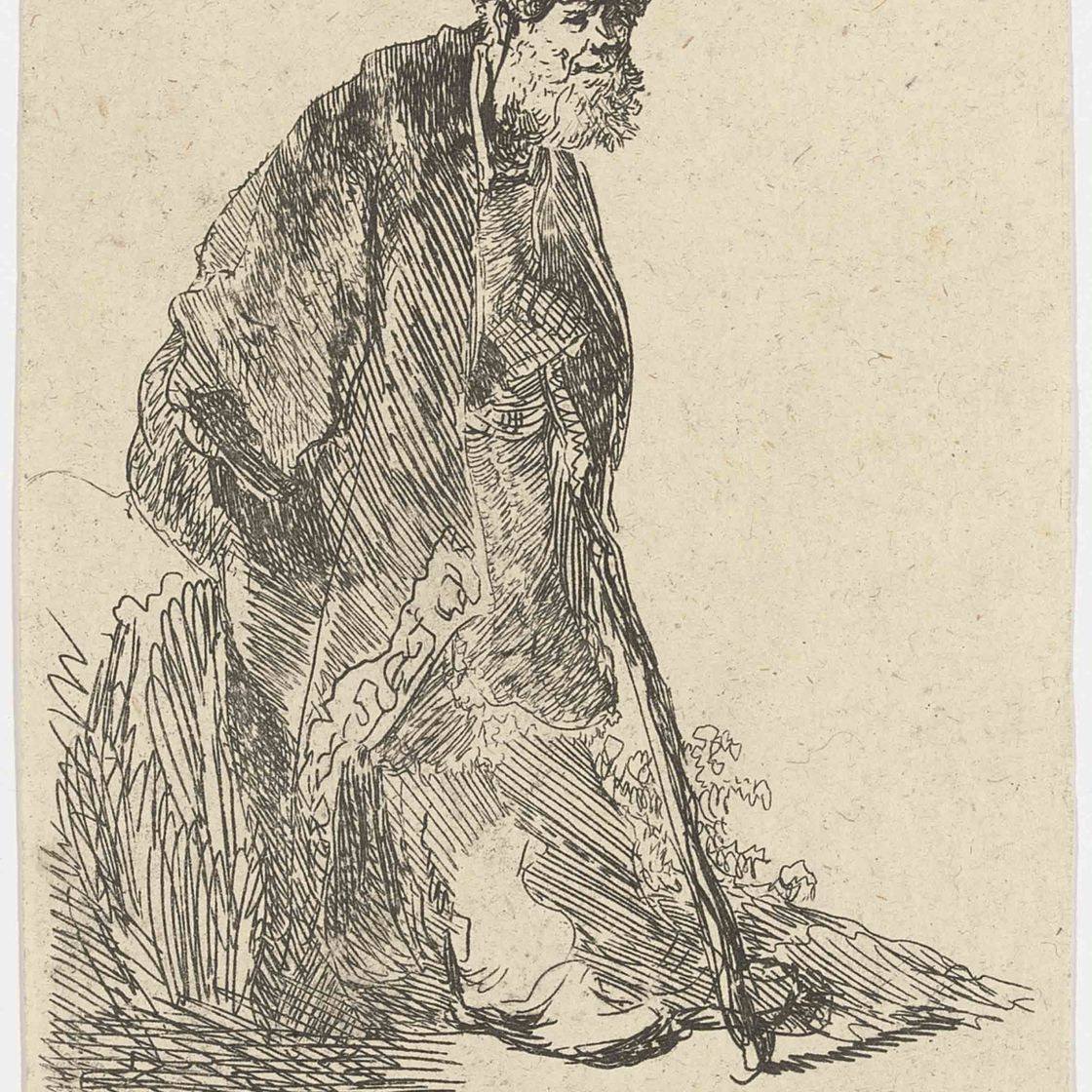 Rembrandt van Rijn — Мужчина в пальто и меховой шапке, прислонившийся к берегу (Б., Зал. 151; Н. 14)