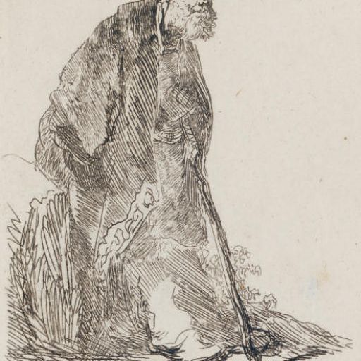 Rembrandt van Rijn — Мужчина в пальто и меховой шапке, прислонившийся к берегу (Б., Зал. 151; Н. 14)
