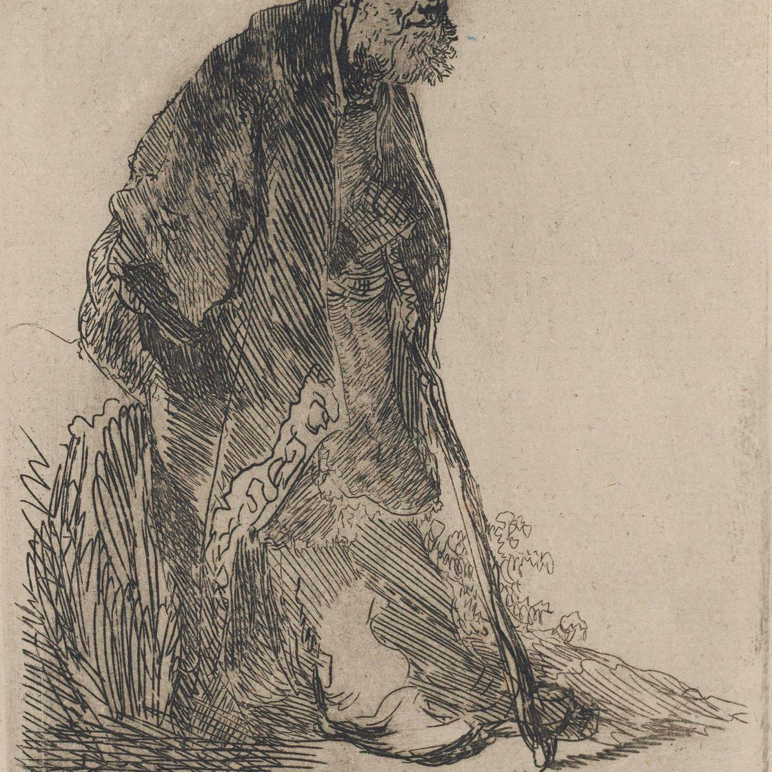 Rembrandt van Rijn — Мужчина в пальто и меховой шапке, прислонившийся к берегу (Барч, Холстейн, 151; Хинд, 14)