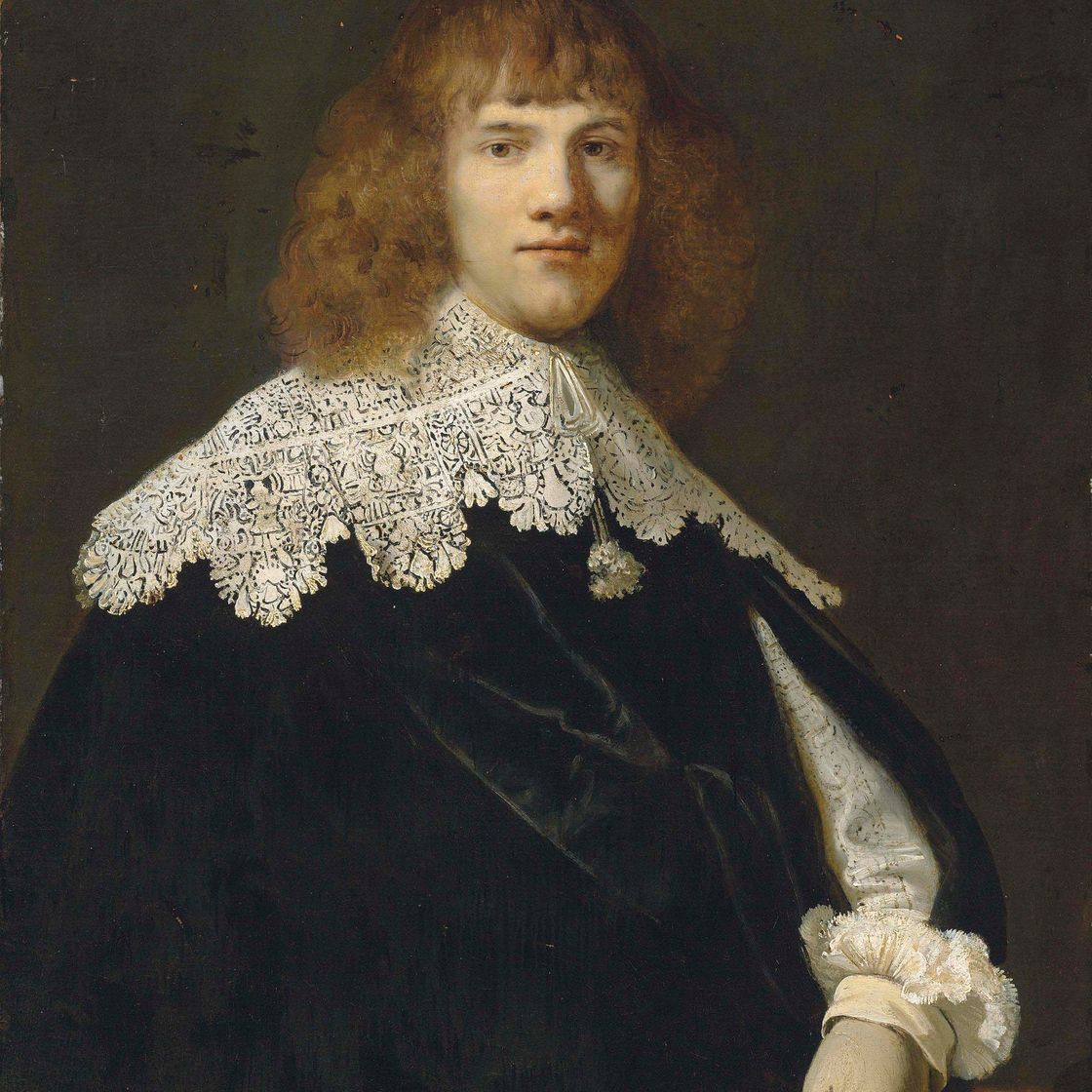 Rembrandt van Rijn — Портрет джентльмена в полный рост, в черном бархатном плаще с белым кружевным воротничком и манжетами