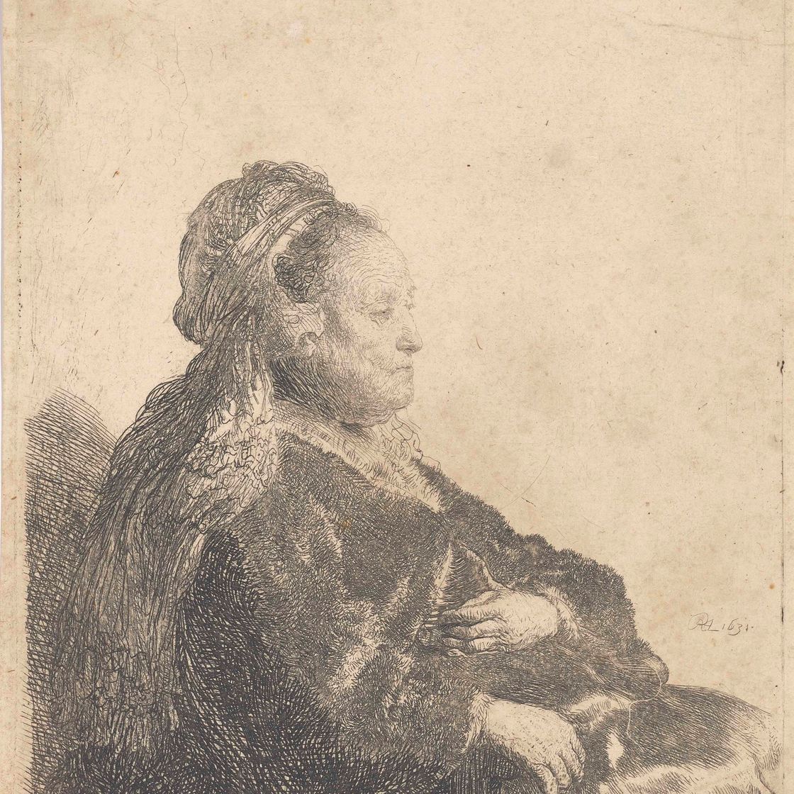 Rembrandt van Rijn — Мать художника сидит в восточном головном уборе длиной до пояса (Bartsch, Hollstein 348; Hind 51; New Hollstein 86).