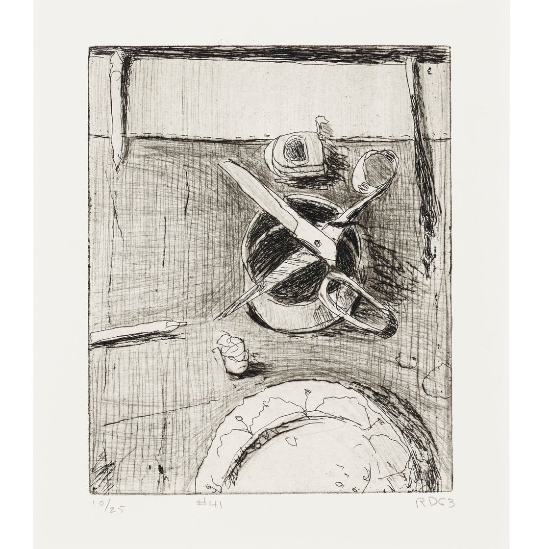 Richard Diebenkorn — №41 (натюрморт с тарелкой и раскрытыми ножницами), из 41 офорта "Сухие точки"
