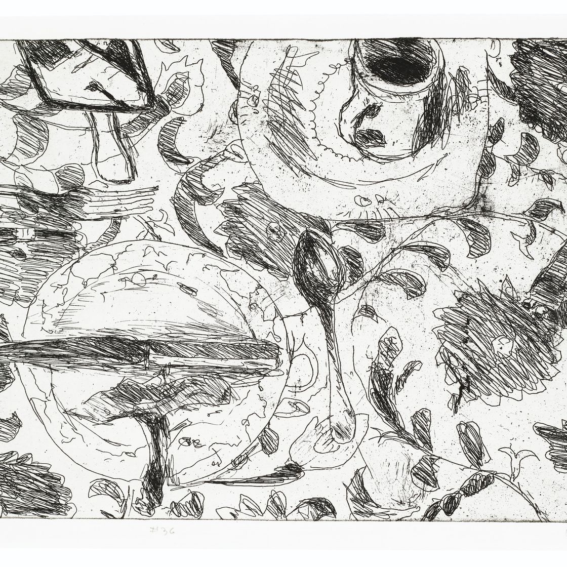 Richard Diebenkorn — №36 (сервировка стола скатертью в цветочек), из 41 гравюры "Сухие точки"