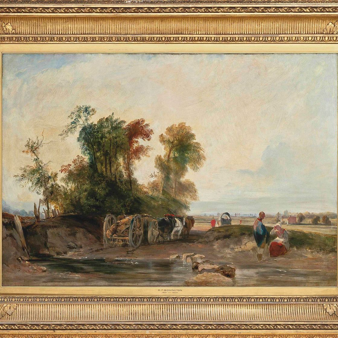 Richard Parkes Bonington — Речной пейзаж с повозкой лесовоза, фигуры отдыхающих на переднем плане