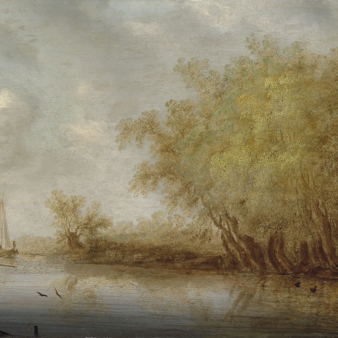Salomon Van Ruysdael — Речной пейзаж со спортсменами, стреляющими по утке с лодки