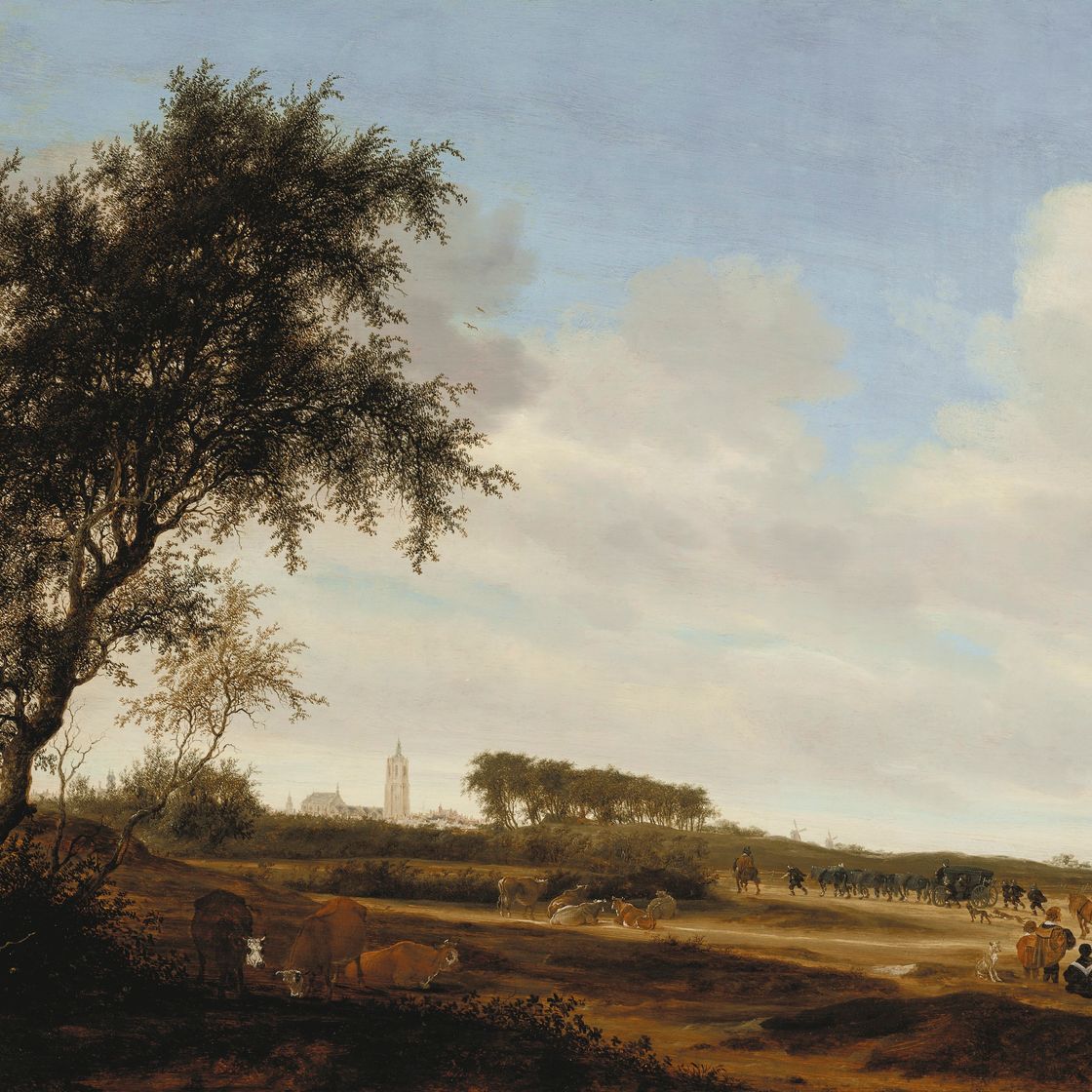 Salomon Van Ruysdael — Обширный пейзаж с парадными каретами принца Виллема II и Амалии фон Сольмс и Гроте Керк в Гааге вдалеке, изображение 1