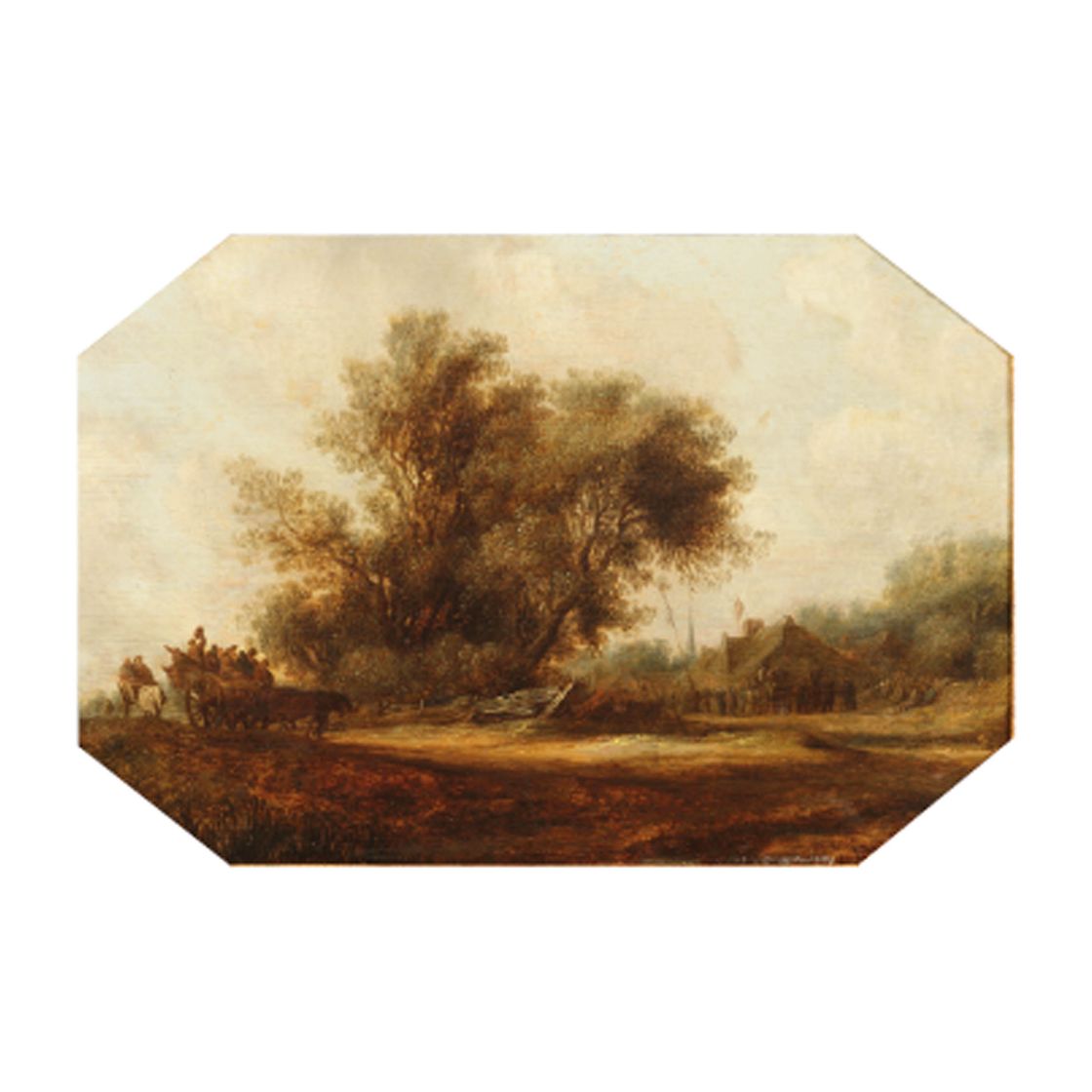 Salomon Van Ruysdael — Пейзаж с путешественниками в повозке, едущими по тропинке, деревенский праздник на фоне майского дерева.