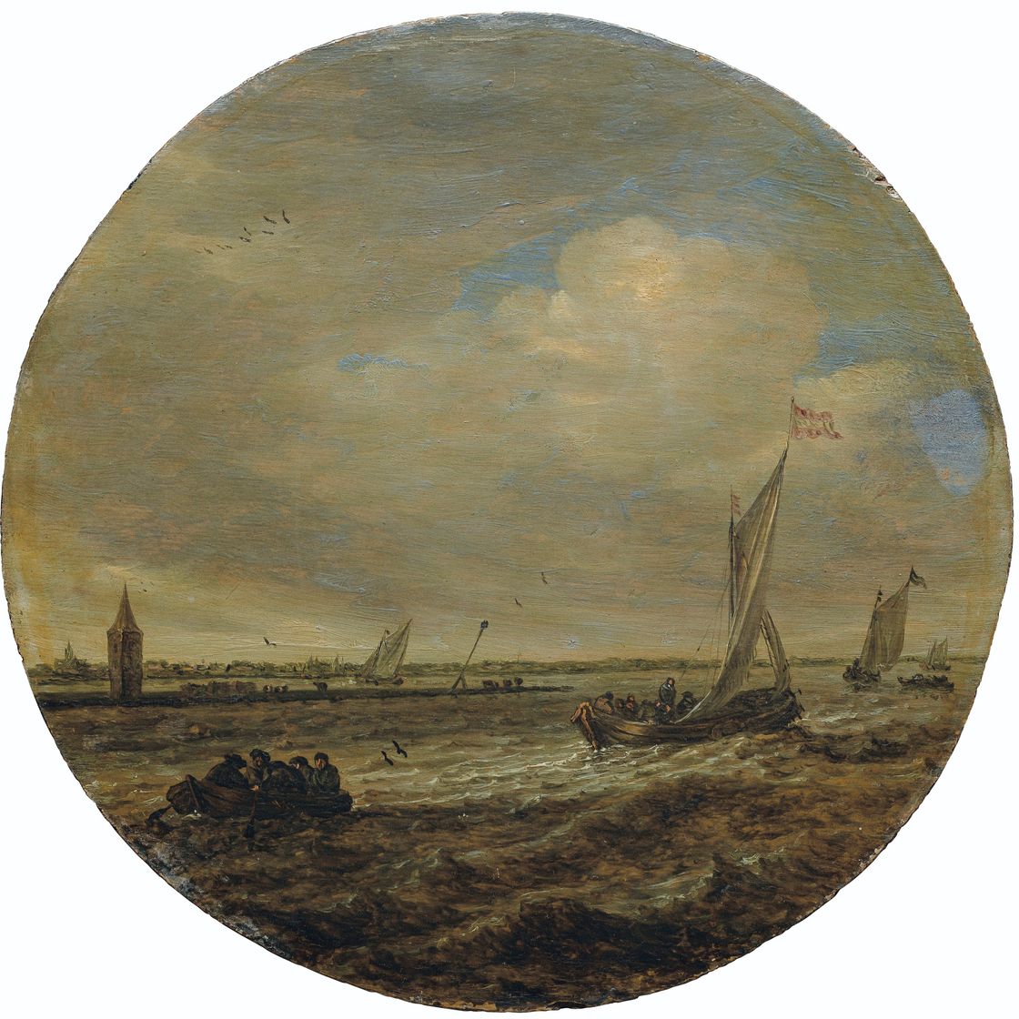 Salomon Van Ruysdael — Неспокойное море с лодками и башней на косе суши