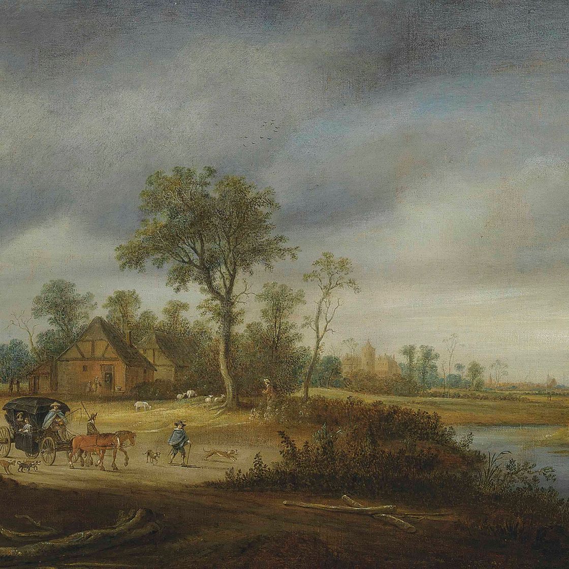 Salomon Van Ruysdael — Речной пейзаж с путешественниками на дороге, город за его пределами.