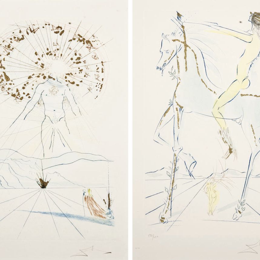 Salvador Dalí — Жених скачет по горам, а Возлюбленная прекрасна, как Табун лошадей , два плана Кантики из Кантик (М.Л. 473 и 475)