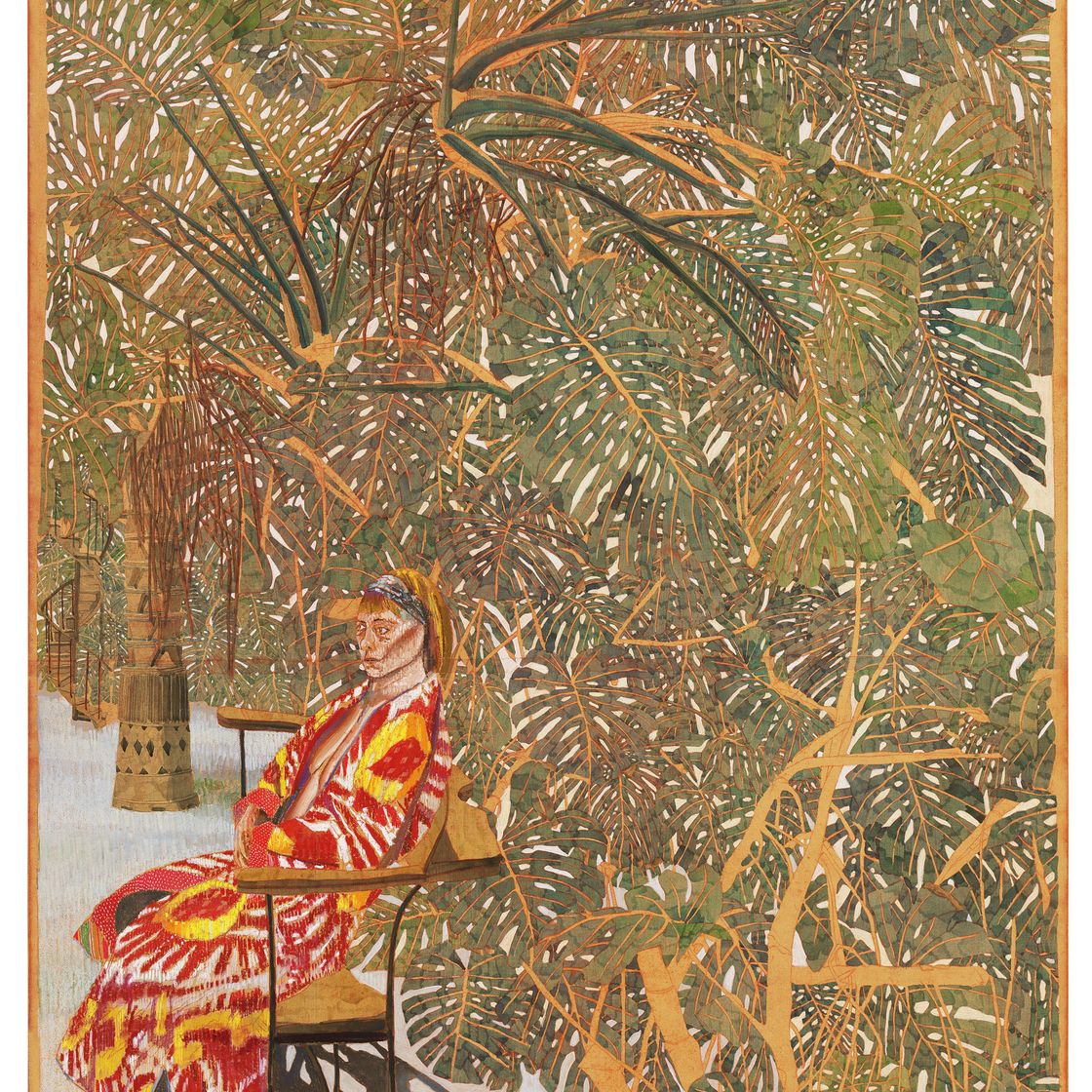 Sam Szafran — Femme assise manteau rouge parmi les philodendrons (Сидящая женщина в красном пальто среди филодендронов)