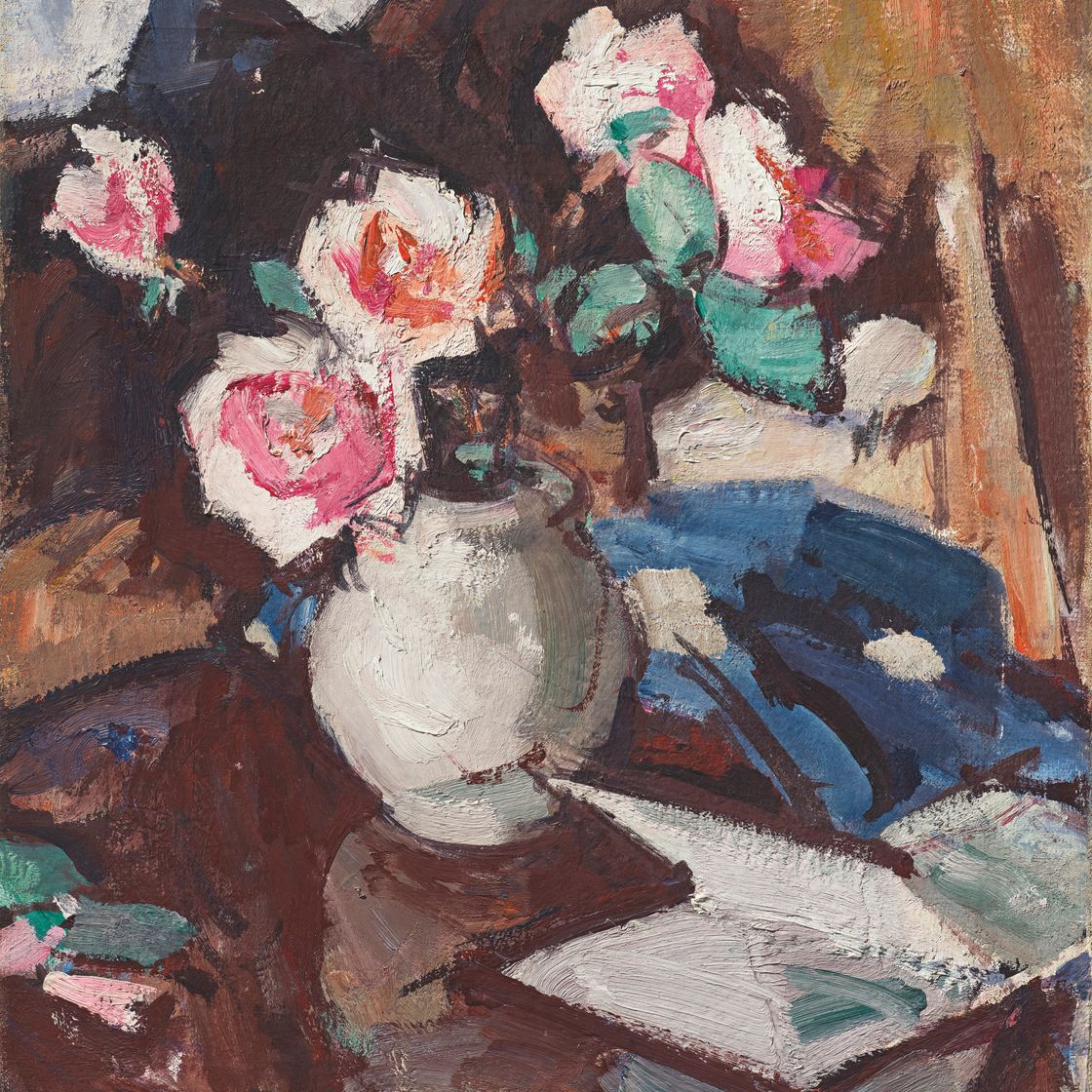 Samuel John Peploe — Розовые розы в вазе (слева направо ); Натюрморт с бокалом вина и фруктами ( справа налево ), изображение 1
