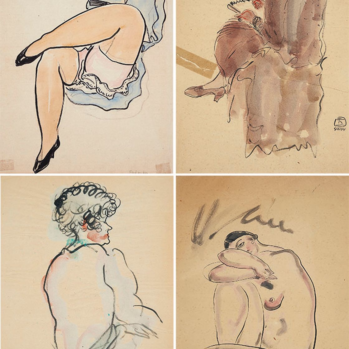 Sanyu — Пишущая; Поднимающая ногу; Дама с завитыми волосами; Отдыхающая обнаженной